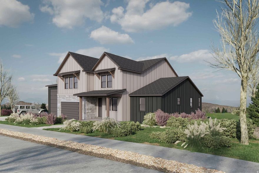 Uinta House offers a modern, spacious design just 30 minutes from Park City, defined by clean lines and abundant natural light. The open-concept living room features dramatic double-height ceilings, while large windows throughout the home flood every space with sunlight. The chef's kitchen is equipped with high-end appliances, a generous pantry, and elegant granite and quartz countertops in both the kitchen and bathrooms. Seamless indoor-outdoor living is enhanced by the covered back porch with floor-to-ceiling sliding doors, ideal for taking in the breathtaking views of the Uintas. The main floor provides ample living space, including a large walk-in closet, a flexible room off the entryway perfect for an office or family space, a convenient laundry room, and a comfortable mudroom off the garage. The three-car garage includes a 14' high third bay ready for your RV. Upstairs, a spacious loft opens to the lower level and is accompanied by three bedrooms-two with walk-in closets-and two bathrooms, offering plenty of room for family and guests. Situated on a generous lot with sweeping mountain views, Uinta House combines elegance, functionality, and mountain-adjacent living, making it ideal for families seeking comfort, style, and space.