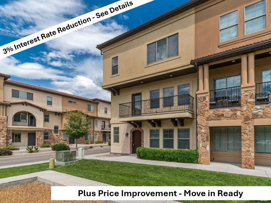 3% INTEREST RATE REDUCTION ON YOUR LOAN at seller's expense in year 1, 2% year 2; 1% year 3. Experience comfort, convenience, and resort-style living in this beautifully designed row-end townhome located in Highland's desirable Toscana gated community. With generous living spaces, Stylish finishes, and community amenities, this home is perfect for effortless entertaining and relaxed everyday living. On the main level, you'll find a versatile space ideal for a home office, den, or cozy living area-complete with a gas fireplace, built-in shelving, and elegant ornamental molding. Upstairs, the heart of the home unfolds with a spacious open-concept kitchen, dining area, and great room. Enjoy soaring beamed ceilings, a striking brick accent wall, recessed lighting, and access to your private balcony-perfect for morning coffee or evening wind-downs. The kitchen features custom cabinetry, granite countertops, stainless steel appliances, and pendant lighting, all designed to elevate your cooking and hosting experience. The expansive primary suite offers vaulted, beamed ceilings, a generous walk-in closet, and a spa-like ensuite bath with a double granite vanity, private water closet, soaking tub, and separate glass-enclosed shower. On-site amenities include a sparkling pool, relaxing hot tub, modern fitness center, reservable clubhouse, and an on-site playground. You'll also enjoy direct access to nearby hiking and extensive biking trails, including Wasatch Mountain State Park and the scenic Alpine Loop. Perfectly located within walking distance of Highland's Town Center, splash pad, and library-with grocery stores, dining, golf courses, and Traverse Mountain shopping just minutes away. Quick access to I-15 via the SR-92 bypass makes commuting a breeze. With its distinctive arched brick doorway and a blend of stone and stucco siding, this townhome offers timeless curb appeal with modern mountain charm. Don't miss your chance to own a home in one of Highland's most sought-after communities!