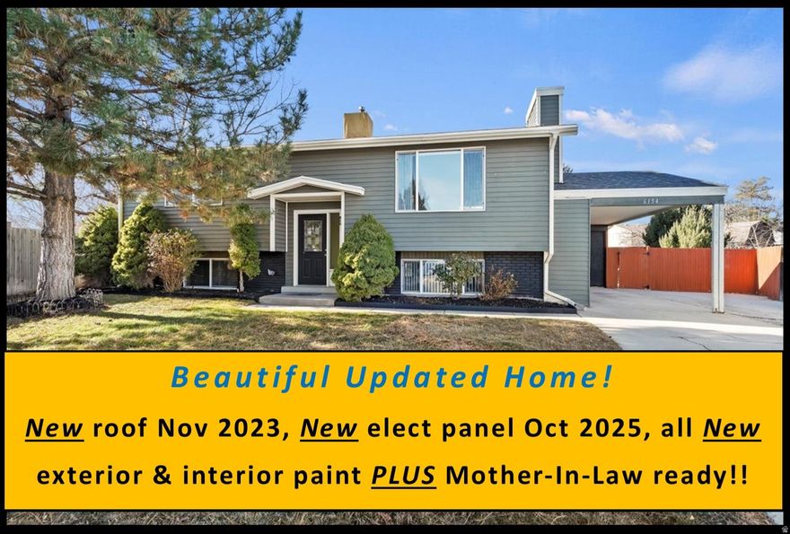 Sellers have received multiple offers. Seller's are requesting all offers be in by 3pm Tues 27 JAN and sellers will have a decision by 4pm Tues 27 JAN. Inviting Remodeled Home featuring: New Roof NOV 2023 / all new electrical panel, outlets and switches OCT 2025 / all new interior paint / new exterior paint / new faucets / new shower and toilet in basement bathroom / new window blinds / new carpet!! Be the proud owner of this updated home featuring spacious family room with cozy fireplace, crown molding, cased opening into the large dining area, updated kitchen with SS appliances: dual oven and refrigerator included, 2 bedrooms and 1 bathroom, with stack-able washer and dryer also included, all on the main level! Finished basement has Mother-in-Law set-up with a 2nd family room, full kitchen ready with included microwave and refrigerator, 2 additional bedrooms, bathroom, laundry room and separate covered entrance. Fully fenced backyard has full auto-sprinkler system, apple tree, generous deck and patio area for lots of entertaining, mature trees and a large shed for additional storage/work space. Desirable cul-de-sac location. Schedule via Aligned Showings.