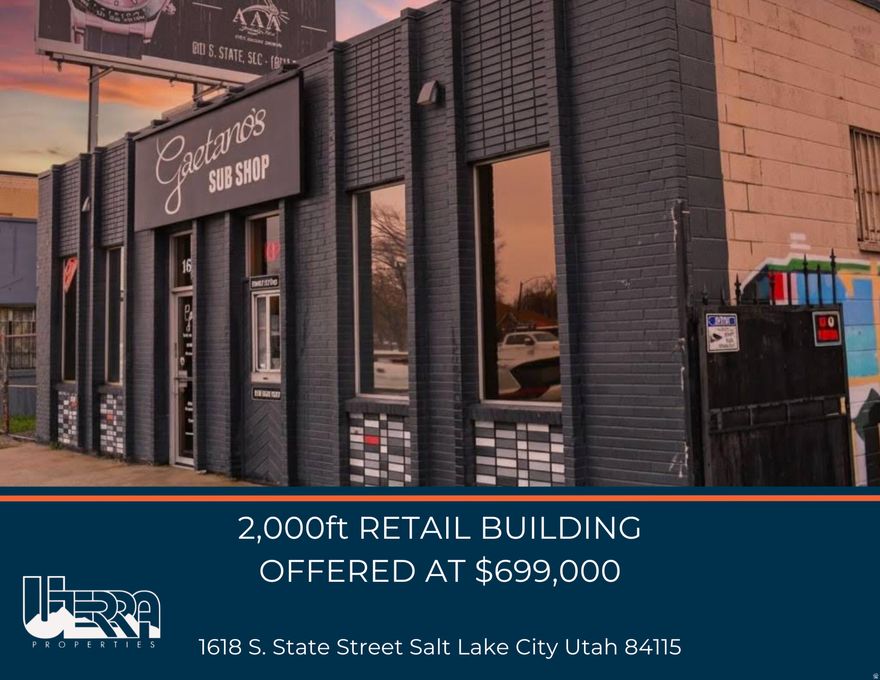Rare opportunity for an owner-user to purchase a fully furnished quick-serve sandwich shop in a busy trade area on south State Street in Salt Lake City, Utah. This property has an attractive storefront, high quality, sturdy CMU block and concrete construction type. Property has hoods, grease containment, ADA bathrooms and a long history of strong sales with over 34,000 AADT traffic counts. Sale included FF&E, "turn key", but does not include the nameplate. DO NOT DISTURB TENANT. Buyer to verify all information.