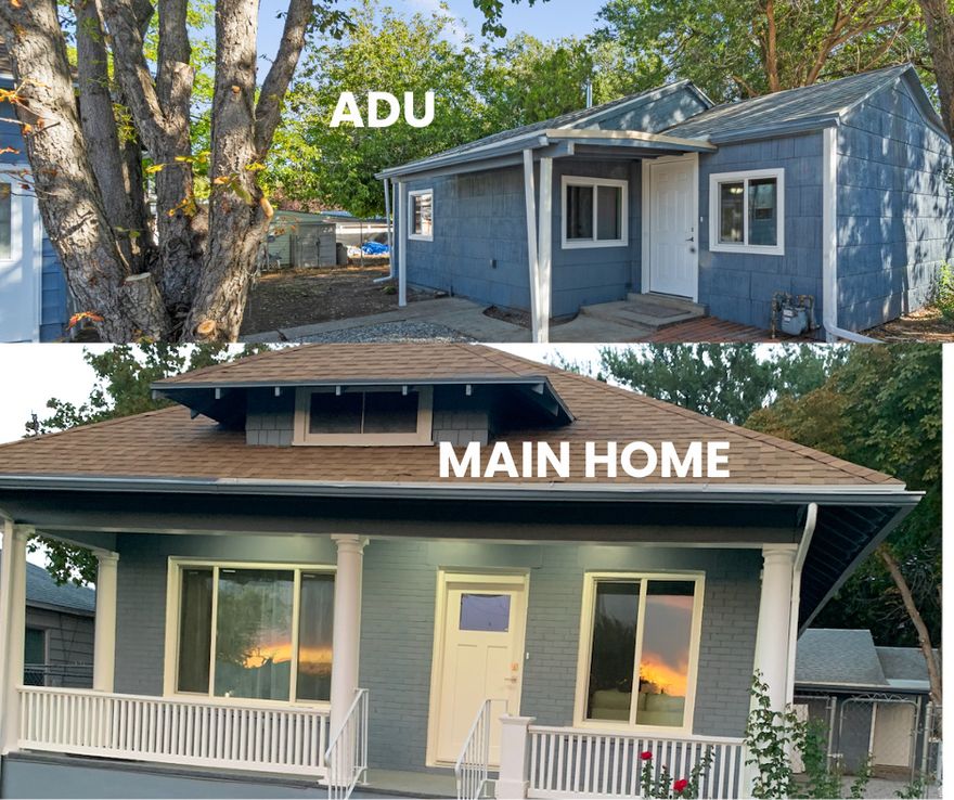 Move-in ready! Two renovated homes on one lot.  The main home offers 2 bed/1.75 bath upstairs + finished basement office, 1/2 bath & laundry. 1096 sqft. The separate, backyard ADU offers: 2 bed/1 bath w/full kitchen, living & laundry 800 sqft. The ADU is perfect for rental income, multigenerational living or a private guest space. Both homes are newly renovated with new flooring, paint, windows, cabinetry, countertops, appliances & central air/heat. Fully fenced yard with automatic sprinklers in the front yard, mature trees, and 5 car driveway. Located within walking distance to Tooele High School & Pratt Aquatic Swimming Pool. Enjoy beautiful Stansbury Mountain views from your front porch. All renovations completed with city permits & inspections. Total square footage for both homes is 1896 square feet.  This property combines a complete remodel, modern upgrades, and excellent investment potential. Don't miss your chance to make it yours!