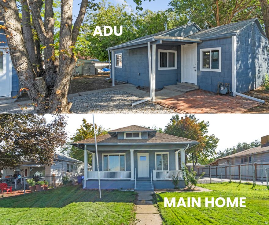 Move-in ready! Two renovated homes on one lot.  The main home offers 2 bed/1.75 bath upstairs + finished basement office, 1/2 bath & laundry. 1096 sqft. The separate, backyard ADU offers: 2 bed/1 bath w/full kitchen, living & laundry 800 sqft. The ADU is perfect for rental income, multigenerational living or a private guest space. Both homes are newly renovated with new flooring, paint, windows, cabinetry, countertops, appliances & central air/heat. Fully fenced yard with automatic sprinklers in the front yard, mature trees, and 5 car driveway. Located within walking distance to Tooele High School & Pratt Aquatic Swimming Pool. Enjoy beautiful Stansbury Mountain views from your front porch. All renovations completed with city permits & inspections. Total square footage for both homes is 1896 square feet.  This property combines a complete remodel, modern upgrades, and excellent investment potential. Don't miss your chance to make it yours!