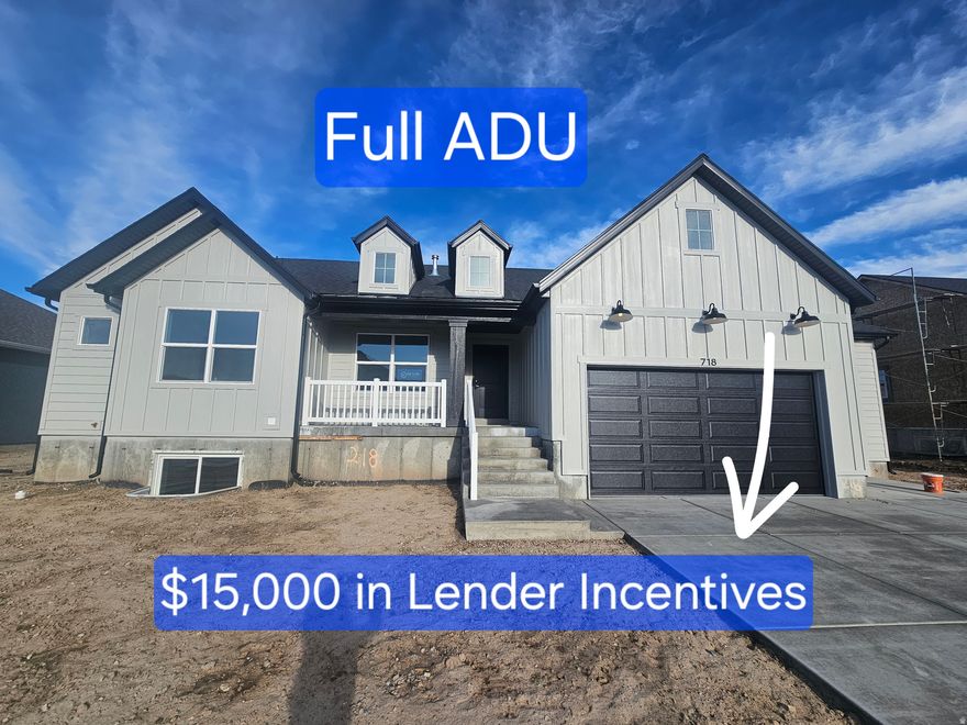 Stop looking-this is the one. This stunning farmhouse-style home captures breathtaking mountain views and offers an ADU-style basement kitchen perfect for a mother-in-law, rental, or extra entertaining space. Four bathrooms give everyone their own space, while the open great room, covered patio, and huge garage with basement entrance complete the package. ASK ABOUT LENDER INCENTIVE!