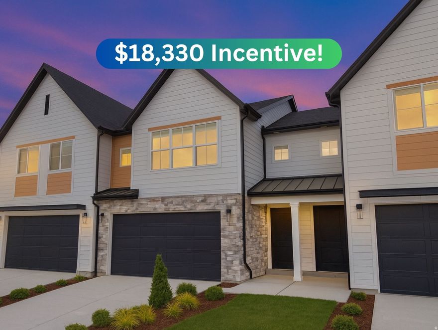 Striking new townhomes in Plain City's newest and most amazing community, JDC Ranch! Built with industry leading quality, inside and out, and world-class design, these townhomes are raising the bar. Come see the large kitchens, oversized garages, room to entertain, massive primary suite/closet/bathroom, roomy bedrooms, and abundant storage throughout. ***LIMITED TIME $18,330 incentive with use of preferred lender. Includes a no-cost refinance within three years*** Square footage figures are provided as a courtesy estimate only and were obtained from building plans. Buyer is advised to obtain an independent measurement.