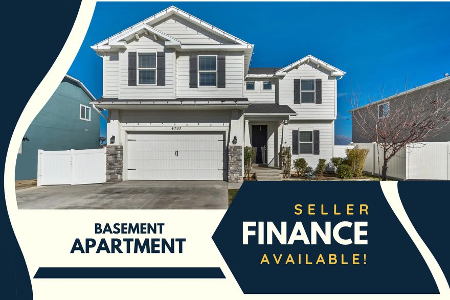 SELLER FINANCING AVAILABLE  FLEXIBLE TERMS Seller financing available with a down payment of approximately $180,000 and an attractive 4.99% interest rate. Estimated PITI payment of $2,656 plus $39 HOA, based on $1,100 annual home insurance. Seller's current mortgage balance is approximately $438,000. This option provides an excellent opportunity to purchase without traditional mortgage requirements.  Property Overview  Beautifully maintained 6-bedroom, 3.5-bathroom home offering exceptional space and flexibility. The layout accommodates a variety of lifestyles and includes a separate mother-in-law apartment with its own entrance, two bedrooms, laundry area, and double-lock door for privacy-ideal for extended family or rental income.  Features & Finishes  9-foot ceilings on main floor and basement  Upgraded cabinets, countertops, and flooring throughout  New carpet just installed  Spacious driveway and ample street parking  Well-maintained and move-in ready condition  Location  Located in the heart of Eagle Mountain, near outdoor amenities such as Kiowa Valley Trail, Roadrunner Mountain Biking Trailhead, and Flintstone Trail. Close to Silver Lake Elementary, Ridley's Market, and Silver Lake Amphitheater Park for added convenience.  Investment Potential  Excellent rental and income potential:  Entire home previously leased for $3,550/month  Separate rental estimates: upstairs ~$2,275/month, basement ~$1,350/month (tenants typically cover one-third of utilities) This flexible configuration provides opportunities for owner-occupancy with income or a full investment property setup.