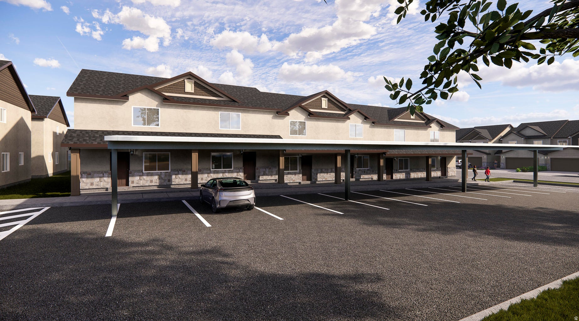 Multi-unit dwelling featuring a covered parking structure, stone veneer accents, and gabled rooflines