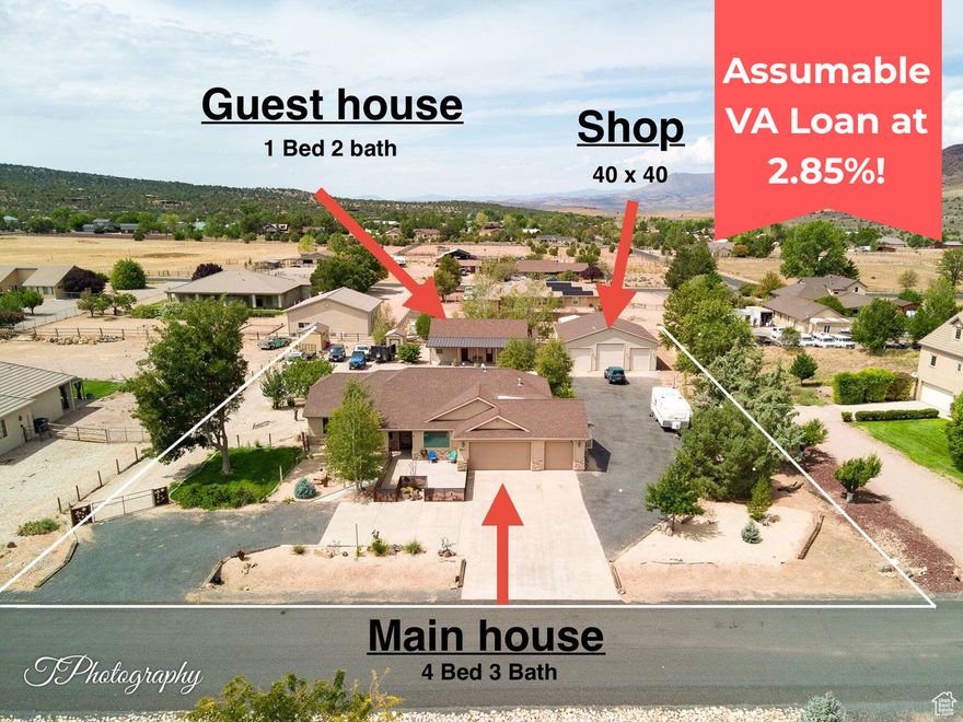 **Ask about the Assumable VA loan at low interest**Discover the perfect blend of privacy and convenience with this beautiful property just outside the city-close enough for an easy commute, yet offering the peace and space of country living. 4 Bed 3 Bath Main house, 40 x 40 3 bay SHOP, and a 1 Bed 2 Bath Guest home all situated on a 0.92 acre lot with mature landscaping, this home has been thoughtfully updated and is ready for you to move in and enjoy. Not to mention two RV hookups on the north side of the property. The separate 1-bedroom, 2-bathroom GUEST HOUSE complete with its own kitchen-perfect for extended family, guests, or even rental potential. The oversized 3-car garage AND 3 bay shop provides plenty of room for vehicles, hobbies, and storage, complemented by two additional sheds for all your tools and gear. Outdoor living shines here with a large covered porch, ideal for relaxing and taking in the peaceful surroundings. For added peace of mind, security doors are installed on both the front and back entrances. Recent updates to the property include: Floors throughout home, Fireplace, barn wood, Railings front & back, Security doors front & back, Driveway, Back (Mother-in-Law home) 976 sq. ft., 2 Sheds, Fencing, Roof over back porch, HVAC system - 3 years old, Septic upgraded to 1500 gal, Water heater 2 years old, Sprinkler & drip system, Master bath remodel and a new dishwasher as of last year. This property combines practical features with timeless charm, don't miss the chance to make it your own! No HOA.