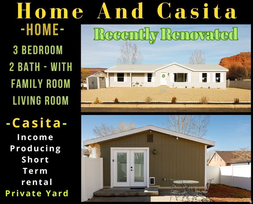 Newly painted 1,800 sq ft home & a 480 sq ft stick-built casita, offers the perfect blend of comfortable living with proven income potential. The casita grossed over $21,000 in short-term rental income last year, making it an exceptional opportunity for buyers seeking immediate revenue or use it for guests or extended family. The main home has had recent improvements in recent years, including a metal roof, & new water heater. The kitchen renovation, completed recently, features beautiful new cabinetry & quartz countertops that elevate both style and functionality. Durable LVP flooring enhances the 2 living areas. Three Bedrooms include a serene Primary retreat with large bathroom and dual walk in closets. The detached casita is a fully self-contained studio complete with kitchen, bathroom, laundry, and its own private fenced yard. All furnishings and furniture are included, allowing for a seamless transition for continued rental income or immediate guest use. With meaningful upgrades already completed and a casita delivering strong income, this is a rare opportunity to own a move-in ready home with built-in earning potential. Buyer to verify all information