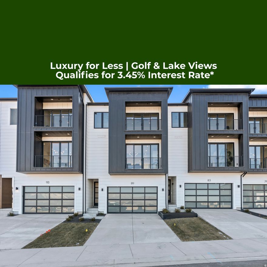End of year interest rate promotion must be under contract before January 15th, 2026. Move in Ready **Rates as low as 3.45% available via preferred lender. Inquire for more info**  Nestled in a prestigious resort-style community right along Talons Cove Golf Course, this stunning 3-story luxury townhome redefines elevated living. The first floor features a versatile space-perfect as an office, guest room, or flex area-along with a half bathroom. You'll find the heart of the home on the second floor; a stunning open-concept kitchen, dining, and living area with floor-to-ceiling windows at both ends that fill the space with natural light, creating an inviting atmosphere for gatherings and everyday living. The top floor is where you'll find three bedrooms, including the luxurious primary ensuite with its own private patio accessed by floor-to-ceiling glass doors, allowing you to take in awe-inspiring views of Utah Lake and Mt. Timpanogos. The HOA community offers incredible amenities including a year-round natural heated mineral pool fed by the local hot springs as well as a second outdoor swimming pool, a private boat dock and marina on Utah lake, two clubhouses with workout facilities and event space in addition to a large pavilion for hosting bigger crowds, and multiple parks and playgrounds connected by miles of walking and nature trails. With breathtaking views, premium finishes, and unparalleled amenities, this is more than just a home-it's a lifestyle. Seller open to trade offers. *Fairways Luxury Townhomes come with a 3-2-1 rate buydown, reducing the buyer's interest rate by 3% for the first year of their loan, 2% the second year, and 1% the third year.  Buyer is not obligated to use The Lassig Team of CrossCountry Mortgage to have offer accepted however must use The Lassig Team to receive the buydown. The Lassig Team can issue loan approvals in as little as 5 days and close in 10. Restrictions apply. Broch Lassig NMLS340314. Equal Housing Opportunity.