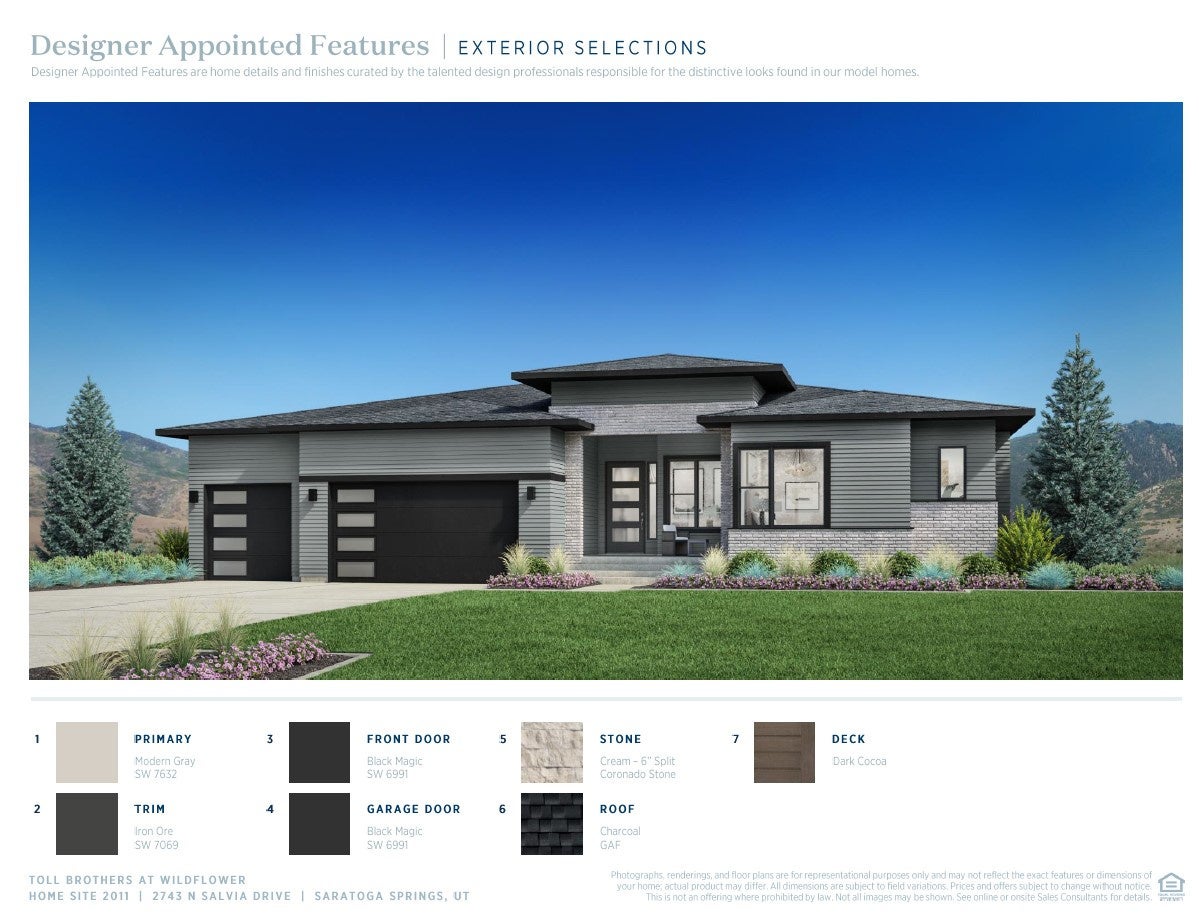 Contemporary ranch-style exterior with a charcoal roof, modern gray siding, and stone accents