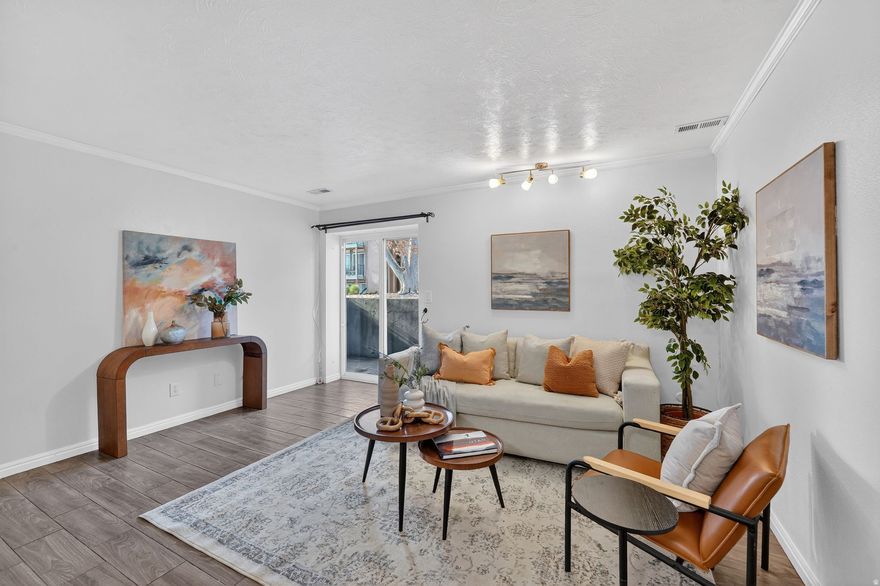 Beautiful and affordable condo in prime Murray location! Seller is motivated! vacant and very easy to show! This bright main-level unit features an open floor plan with excellent natural light, a functional kitchen layout with granite countertops, cabinetry, soft-close drawers, and a farmhouse sink. Spacious bathroom with walk-in custom tiled shower. Tile flooring throughout makes maintenance simple and ideal for everyday living. Enjoy additional storage, private outdoor space plus a patio, perfect for relaxing evenings or container gardening. IDEAL location near Fashion Place Mall, a golf course and the public library. EASY access to both I-15 and I-215, making commuting a breeze. Move-in ready and priced to sell, don't miss this great opportunity! Square footage figures are provided as a courtesy estimate only and were obtained from county records.  Buyer is advised to obtain an independent measurement.