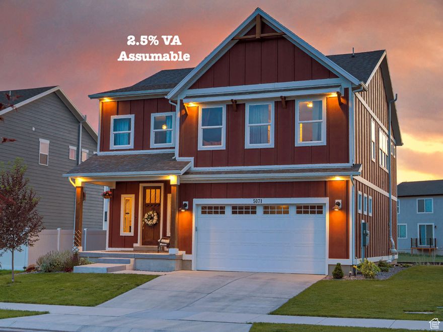 The assumable loan can only be used for a veteran. Brand new backyard! Fence, sod, and landscaped plant beds coming soon-perfect for outdoor relaxation .2.5% Assumable VA Mortgage | $150K in Custom Upgrades | 4 Bed, 3.5 Bath with Zero-Defect Inspection & Designer Finishes A rare blend of modern craftsmanship and timeless character, this immaculate 4-bedroom, 3.5-bath home combines traditional and mid-century modern design elements with the incredible financial advantage of a 2.5% assumable $505,000 VA mortgage. Ideally situated in a thriving neighborhood, it's just a short stroll from the community clubhouse, pool, and guest parking-offering both refined style and everyday convenience. From the moment you walk up to the wide front porch and step through the oversized entry door, you'll notice the thoughtful upgrades throughout the home-including elegant wainscoting, vertical board and batten siding, unlacquered brass hardware, and stylish lighting. Inside, a grand two-story living room greets you with soaring ceilings, 20-foot custom sheers, a crystal chandelier, and a cozy gas fireplace framed by dual inset display windows. An expansive rear sliding glass door frames beautiful backyard views and fills the space with warm, golden hour light, creating the perfect backdrop for evenings at home. The open kitchen is a chef's dream, featuring luxurious marble countertops, a deep farmhouse sink, dovetail soft-close cabinetry, a chef-grade garbage disposal, and recessed lighting. Stainless steel appliances, a spacious walk-in pantry, and a practical island make it perfect for both everyday use and special gatherings. The adjacent dining area, framed by large windows and a view of the mountains, offers a seamless indoor-outdoor feel and opens to a backyard with a dedicated hot tub hookup and pre-wired electric already installed. The main-level powder room delivers a stunning first impression with Victorian-inspired floral wallpaper, vintage-style tile flooring, high ceilings, brass fixtures, and a sculptural mirror-thoughtfully designed to make a lasting impression. Upstairs, the home offers a spacious and flexible layout designed for comfort and functionality. The primary suite is a true retreat, featuring velvet blackout curtains, a tray ceiling, and a luxurious ensuite bathroom with a walk-in marble shower behind a frameless European-style sliding glass door, a double vanity, and a walk-in closet filled with natural light. Just down the hall is another full bathroom and a generously sized laundry room with custom built-in cabinetry that sits conveniently near all three upstairs bedrooms. Two additional upstairs rooms can easily serve as bedrooms, offices, or creative spaces. One includes a converted closet transformed into a cozy reading nook or zen den-ideal for relaxation. Ample closet space and thoughtful storage throughout the upper level make everyday living organized and effortless. Utility upgrades include a Nest thermostat and doorbell, a 200-amp electrical panel, high-efficiency HVAC system, oversized water heater, water softener, and radon mitigation system. Additional insulation has been installed throughout the home for enhanced comfort and energy efficiency. Durable, waterproof luxury vinyl plank flooring extends across the main and upper levels, adding both style and resilience, while the fully finished basement is carpeted for added comfort. The lower level includes a spacious living area, a guest bedroom with a cozy electric fireplace, a full bathroom, and two oversized storage rooms-ideal for guests, recreation, or potential rental income. Multiple fireplaces throughout the home, both gas and electric, provide warmth, ambiance, and character in every living space. Outside, enjoy recessed architectural lighting, a sprinkler system, low-maintenance rock landscaping, and enhanced privacy thanks to the absence of rear neighbors. The oversized two-car garage is fully insulated and features windows for natural light, whi