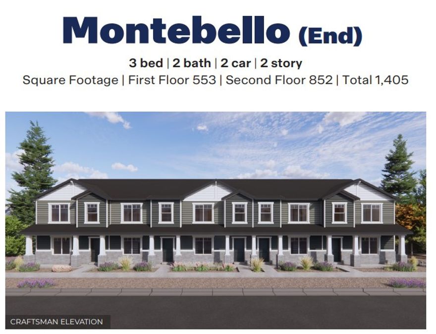 The Montebello is a two-story townhome that offers 3 bedrooms, 2 bathrooms and a 2-car garage with a functional and open main floor layout. Interior features include quartz countertops, laminate flooring, modern cabinetry, and large pantry. Upstairs includes a walk-in laundry room, full bath, and a large primary suite with walk-in closet and private bath. The Home comes with a Smart Home Package, radon system, and builder warranty. Actual home may differ in color/material/options. Pictures are of finished homes of the same floor plan and may contain options/upgrades/ decorations/ furnishings not available at the advertised price. No representation or warranties are made regarding school districts and assignments; conduct your own investigation regarding current/future school boundaries. Buyer to verify all information.