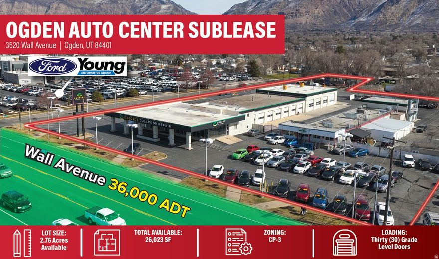 Total Available: 26,023 SF - Main Building: 19,773 SF - Office: 3,409 SF - Warehouse: 16,364 SF  Paint Shop: 6,250 SF - Warehouse: 6,250 SF  Lot Size: 2.76 Acres  Thirty (30) Grade Level Doors - Two (2) Automatic 14' x 14' - Two (2) 12' x 14' - Six (6) 12' x 12' - Five (5) Automatic 10' x 10' - Six (6) 10' x 10' - Two (2) Automatic 10' x 12' - Seven (7) 8' x 8'  Restrooms: Five (5)  Clear Height: 10' - 16'  Trench Drains in Warehouse  Heating: Radiant Heaters & Gas Forced Heaters  Cooling: Two (2) Swamp Coolers in Warehouse  Skylights in Warehouse  Temperature Controlled Office  Lighting: Fluorescent & LED  LED: February 3, 2028  Zoning: CP-3 (Regional Commercial)  Traffic Count: Wall Avenue: 36,000 Cars/Daily  Year Built: 1965 (Partially Renovated)  Equipment: Two (2) Paint Booths, Compressor, & Power Drops  Security Alarm System In-Place  Location: Positioned in the heart of Ogden, Weber County, the property benefits from exceptional visibility, strong regional connectivity, and convenient access to major arterial corridors, placing it within one of Northern Utah's most established and high-traffic commercial hubs.