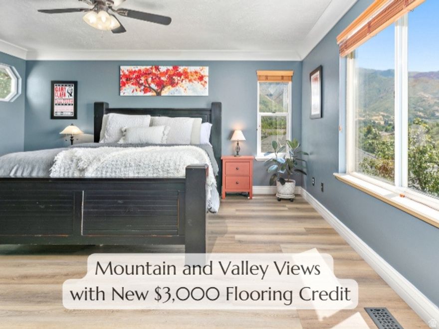 This home combines smart living with everyday comfort in a location that's hard to beat. Save on utilities with:  Owned solar panels  $3,000 flooring allowance to personalize the space  Secondary irrigation water & water-wise landscaping  High-speed fiber internet  Quick access to I-89 and Antelope Drive  Set on a quiet cul-de-sac down a private road, this home offers a setting that feels both private and connected. The main floor features plantation shutters, a modern gas range, and all appliances included, along with two walk-out decks that make indoor-outdoor living effortless. The secluded yard, framed by mature trees, provides shade, privacy, and room to unwind.  Upstairs you'll find four spacious bedrooms, including a primary suite with sweeping East Bench views stretching all the way to Antelope Island. The spa-style bathroom features a waterfall shower head and jetted tub, complemented by thoughtful details like a laundry chute and built-in central vacuum system. The walk-out basement opens to tiered terraces and offers flexible potential for a future ADU or mother-in-law apartment-ideal for guests, rental income, or multi-generational living.