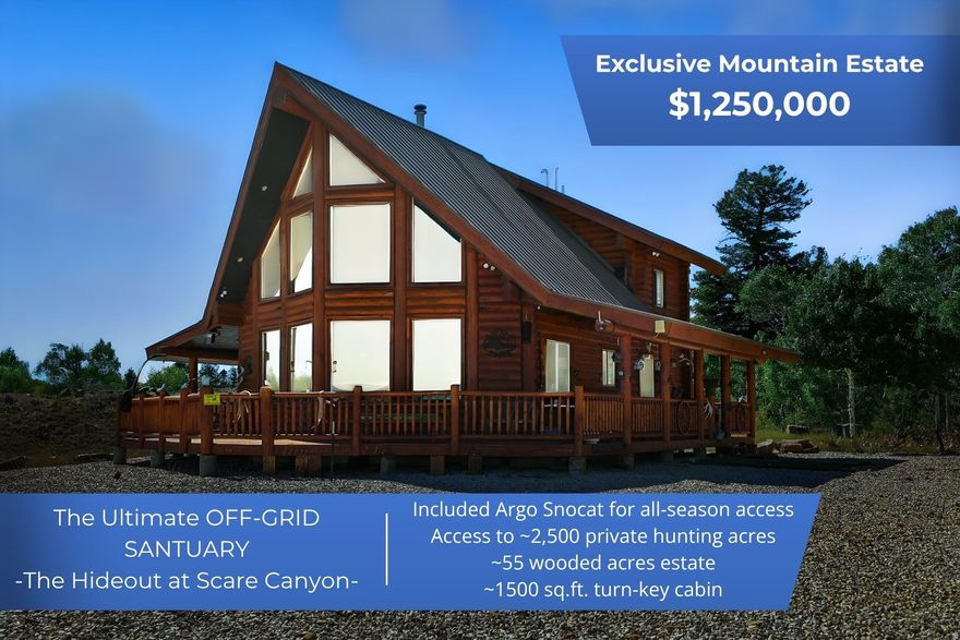 Escape the noise and reclaim your wild side at this rare, turn-key mountain estate located in the exclusive "Hideout at Scare Canyon." Positioned just above Porcupine Reservoir, this isn't just a cabin-it's a self-sustaining fortress of comfort set against a backdrop of 55 private, wooded acres. This property is a true sportsman's paradise. As an owner, you gain elite access to nearly 2,500 acres of private big-game hunting ground. Three pristine ponds surround the cabin, serving as a natural watering hole for elk, deer, moose, and local wildlife. 55 acres of timber and rolling terrain offer unmatched seclusion and panoramic mountain vistas. Forget "roughing it" this 1,500 sq. ft. cabin is engineered for modern reliability with high-capacity systems. A robust solar array paired with a deep-cycle battery bank and backup generators for seamless energy. A massive 6,000-gallon water storage system, 2,000 gallons of propane, and a cozy wood-burning fireplace supplemented by a forced-air gas furnace. Comfort: Spacious, airy, and designed to be your year-round basecamp. Most mountain retreats are off-limits in the winter-not this one. This sale includes an Argo SnoCat to get you there and back when the road is snow-covered. A Mahindra tractor, side-by-side (UTV), and 4-wheeler (ATV) are all included to manage your acreage with ease. Check out the attachments for full list of included items. Must see it in person! Don't miss your chance to own this outdoor estate! CALL or TEXT the listing agent to schedule a tour!
