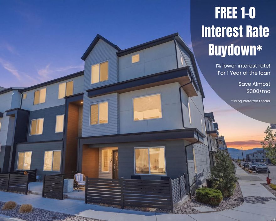 **OPEN HOUSE Saturday 5/2 from 1pm to 3pm!** Lives like a single-family home at a townhome price-with end-unit privacy, designer upgrades, open design, and the largest floor plan in the community! *Preferred lender & Sellers are offering a FREE 1/0 temporary buy down - enjoy a 1% lower interest rate for the first year and save almost $300/month* This highly updated modern end-unit offers a thoughtfully designed multi-level layout filled with natural light from expansive windows, creating a bright, open, and inviting space. Comparable floor plans are currently being offered by the builder nearby for around $500,000+, making this an incredible opportunity for value.  The entry level features a versatile flex room or bedroom with a full bath-perfect for guests, a private office, gym, or additional living space. The main living level showcases an open-concept design with 9' ceilings and seamless flow between the kitchen, dining, and family room-ideal for both everyday living and entertaining. The kitchen is finished with quartz countertops, stainless steel appliances, gas range, durable laminate flooring, and a deep pantry.  Upstairs, you'll find three generously sized bedrooms, including a spacious primary suite with a private bathroom and walk-in closet, along with a second full bathroom and convenient same-level laundry. High-quality finishes and thoughtful upgrades are found throughout. 4K family room TV, washer, dryer with pedestals, refrigerator, and water softener are ALL included, and most furniture is negotiable.  Additional highlights include smart home features (video doorbell, MyQ smart garage, Safe Haven hub), an extra-deep two-car garage, and exceptional storage with a large unfinished crawl space-perfect for seasonal items and outdoor gear.  Enjoy being just a short walk to the clubhouse, pool, and pickleball courts, along with a prime location minutes from I-15, Pioneer Crossing, and the FrontRunner station-offering excellent commuter access while maintaining a welcoming neighborhood feel. Short-term rentals are allowed, adding flexibility and investment potential. Seller is willing to contribute toward buyer closing costs.  This truly is a standout home in a highly desirable community-call today before it's gone. Square footage figures are provided as a courtesy estimate only and were obtained from County Records. Buyer is advised to obtain an independent measurement. Buyer to verify all information.