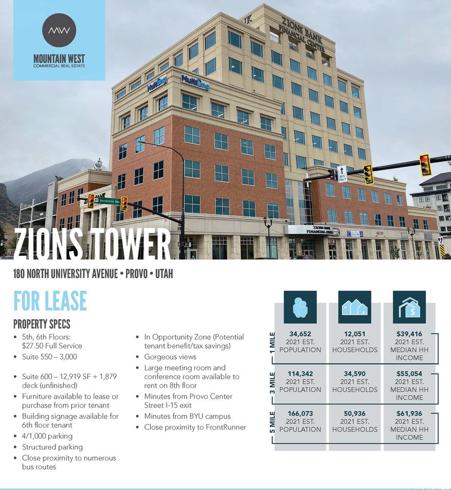 2nd Floor: $24.50 Full Service Suite 200  9,285 SF  Furniture available to lease or purchase from prior tenant  4/1,000 parking  Structured parking  Close proximity to numerous bus routes  In Opportunity Zone (Potential tenant benefit/tax savings)  Gorgeous views  Large meeting room and conference room available to rent on 8th floor  Minutes from Provo Center Street I-15 exit  Minutes from BYU campus  Close proximity to FrontRunner