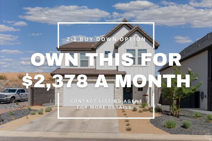 Seller is offering the option of a rate buy down. With a 2-1 buy down, your estimated first-year payment could be around $2,378 per month. Contact me for full details. Newly built home in DR Horton subdivision, this Bryce Model features 4-bedroom, 2.5-bath home with a 2-car garage blends modern design and thoughtful details. The open-concept main floor features a spacious living area, dining nook, and kitchen with gas stove, large pantry, and plenty of counters and cabinets. Accent walls throughout add style, while a brand new water softener brings convenience. Upstairs, the master suite offers a walk-in closet and full bath, with laundry nearby. Outside, enjoy ridge views with no backyard neighbors, relax on the covered patio, or perfect your short game on the turf yard with putting green. Fully landscaped with a block wall for privacy, plus HOA amenities including a pool, sports courts, miniature golf, and park.