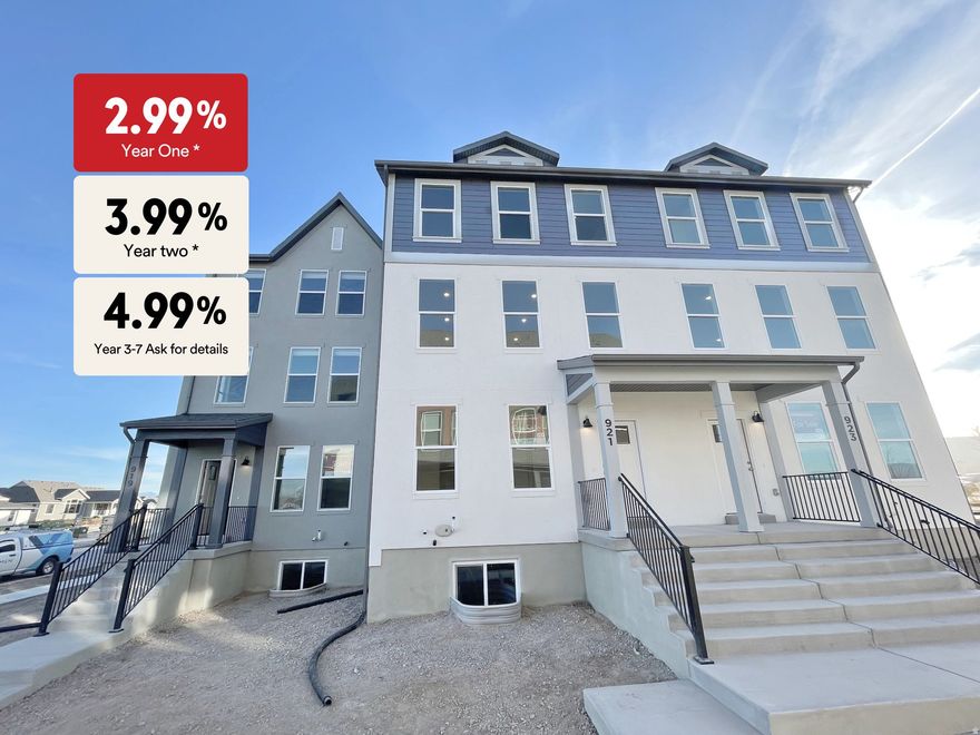 Beautiful Ashville townhome at Beacon Pointe in Saratoga Springs, just steps from the Saratoga Springs Temple. Flexible financing available, including a 2.99% first-year rate, 3.99% second-year rate, and 4.99% rate for years 37 on an ARM, or a low-rate 30-year fixed option. Eligible buyers may also qualify for up to $20,000 in down-payment and closing-cost assistance through the Utah Housing SB240 program (consult First Colony Mortgage for details). This spacious home offers 4 bedrooms, 2.5 bathrooms, and 2,571 sq ft with an open-concept layout featuring a modern kitchen with quartz countertops, stainless steel appliances, and designer finishes. The vaulted primary suite includes a spa-style bath and walk-in closet. An unfinished 408 sq ft basement provides future expansion potential. Two-car garage. HOA includes high-speed fiber internet and maintenance-free landscaping. Community amenities include a pool, pickleball courts, playground, and scenic walking trails. Lender incentive subject to change without notice. Must use Destination Homes' preferred lender. Terms subject to credit approval and program guidelines. Not all buyers will qualify.