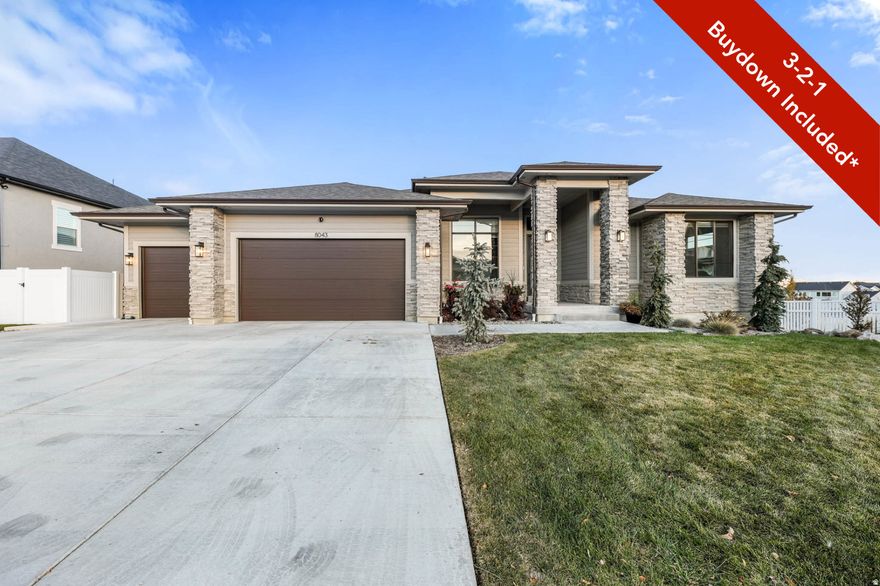 Sellers are offering up to $40,000 in concessions to help with a 3-2-1 rate buy down. Welcome to 8043 Ambrosia Lane, where warmth and comfort meet luxury living! Nestled in an upscale West Jordan community this spacious rambler home boasts beautiful curb appeal with an elegant Prairie exterior and professional landscaping. Immediately you'll notice the difference in interior finishes when stepping into the 12' ceilings with a decorative beam tray in the living room! Other features include quartz countertops, double ovens, butlers pantry, custom cabinetry, 2 gas fireplaces and a large covered trex deck. The Owner's suite features a glass shower, oversized garden tub, and large walk-in closet. The finished basement has a true walkout to the back patio, a large family room/game room with a kitchenette. Community offers a swimming pool & playground and access to the Highlands Trail System.