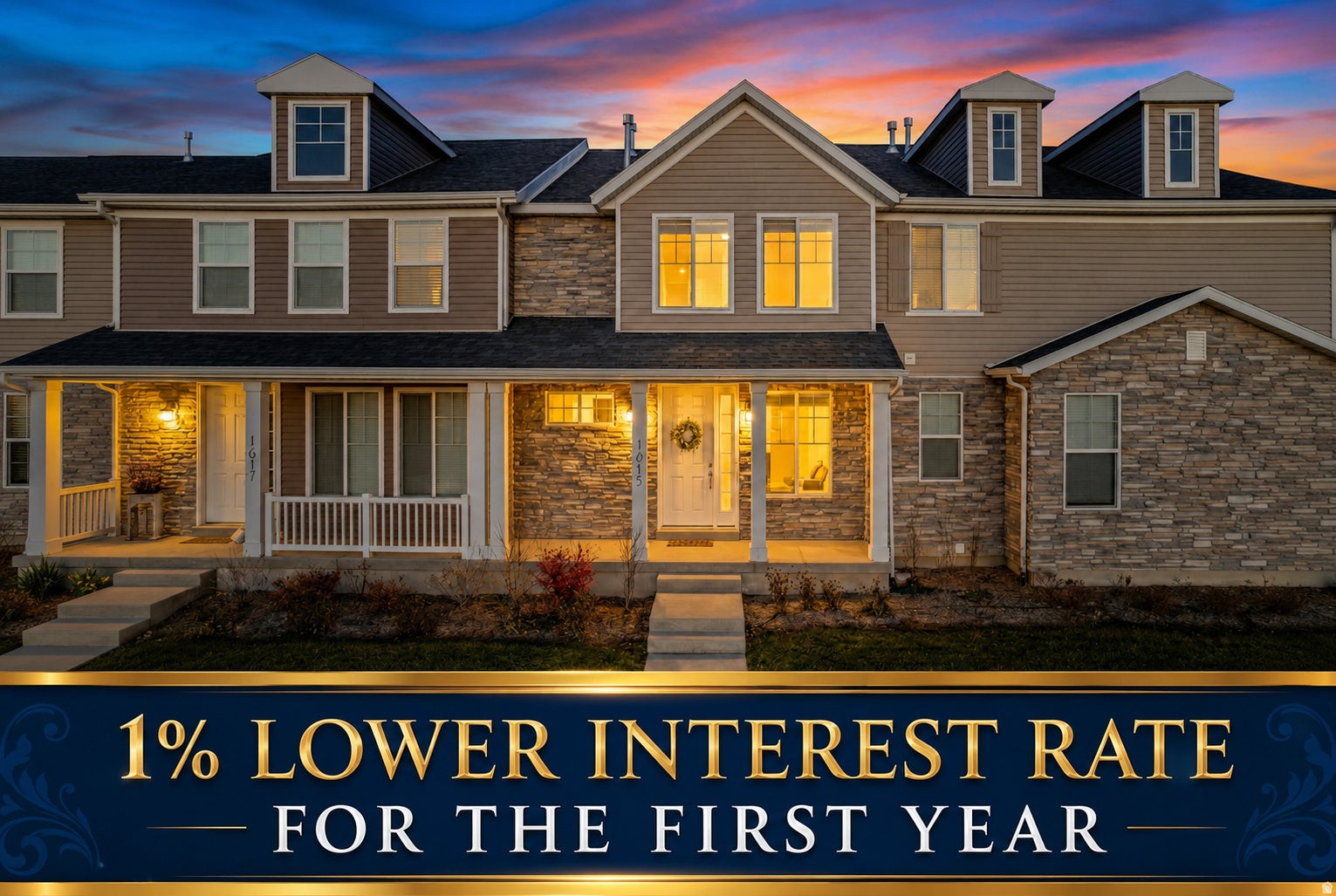 Promotional Material. Displaying residential structures and a temporary interest rate reduction offer for the property