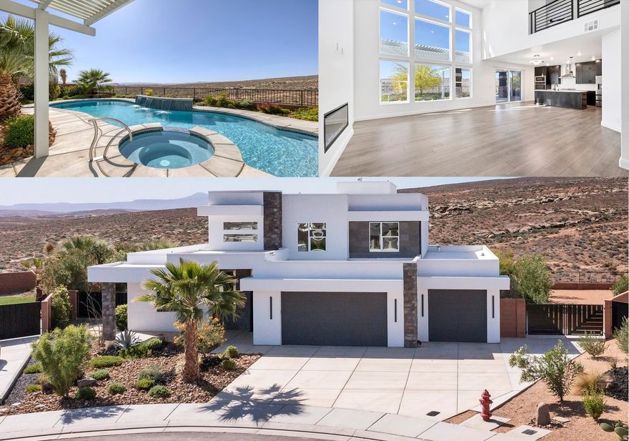 Welcome to Southern Utah's Ultimate Modern Luxury Home offering Privacy, Seclusion and Tranquil Panoramic Unsurpassed Views Backing up to Miles and Miles of Desert Trails! Beautiful home in the all new Divario community near Sunbrook golf course... this extraordinary property captures the perfect fusion of modern living and the desert's breathtaking natural beauty. Framed by sweeping panoramic views of Southern Utah, since new, this residence served as a second home. With very little use, the home has the look and feel of being brand new. Majority of the rooms have never been used. This ~ Must See ~ 4-bedroom home sits at the top of a quiet peaceful cul-de-sac. No backyard neighbors forever - your home backs directly to protected BLM land, ensuring your view will remain untouched. Step outside through your private backyard gate and immediately access world-class hiking and biking trails including the famous Zen trail, and Green Valley Gap, some of the very best Southern Utah biking and hiking trails has to offer... literally right in your backyard! The home's open-concept design showcases bold lines with warm sleek interior and expansive view windows. The custom built pool and spa appear to spill seamlessly into the mountain-scape, fully blurring the boundaries between indoors and out. From spectacular sunrises to unforgettable sunsets, this serene retreat delivers unmatched tranquility and privacy, yet easily transforms into an entertainer's dream. Inside, the dramatic great room and open kitchen act as stunning focal points, uniting the living spaces with warmth and architectural presence with views one must see to believe. The incredible primary suite provides a private sanctuary with unobstructed desert views, spa-inspired amenities, and refined finishes. Master bath area includes a second enclosed laundry room, large 3 head shower surrounded by tile and glass and a large walk-in closet. The windows in the home have been professionally treated with mirrored Solar Gard offering daylight privacy, significant heat, UVA and UVB rejection. The home includes a water softener and reverse osmosis filtration system. The oversized 4 car garage (2 wide and 2 deep) is finished with an epoxy floor. The property includes ample space for RV parking or a future ADU behind a secured gate. Landscaping is surrounded by iron fencing, extended masonry walls, and secured with custom designed and built double iron gates. Professionally designed, the landscaping is still somewhat young. Large trees were imported and placed on the property for additional privacy. The pool features a wireless bluetooth mobile phone app that can be controlled most anywhere. Pool and spa features include a spillway, sheer descent/waterfalls, pool bubbler, and multi colored light system. The pool equipment area is surrounded by a masonry wall and covered with a pitched metal roof. The yard gazebo was just recently built over pavers. The gazebo includes drapery and screens that have never been used (not shown in photos). This exceptional home and privacy view lot is a rare find and opportunity to experience true Desert Luxury Lifestyle Living, don't miss out!  Square footage figures are provided as a courtesy estimate only.  Buyer is advised to obtain an independent measurement.