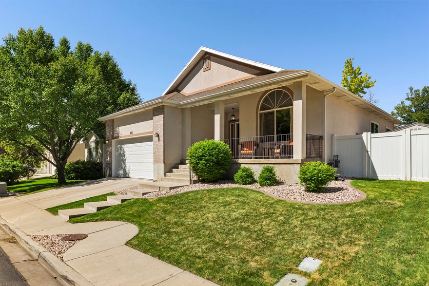 Grand Opening May 16 11-2! Surprises await! Pop outside the rambler and you're already on the Riverwalk trail leading to American Fork Canyon. Art Dye Park borders the neighborhood, Mt. Timpanogos Temple sits just up the road, and across the street is nothing but trees, a walking path, and a creek. No neighbors facing your front porch - just the kind of quiet that's hard to find this close to Costco, Home Depot, and a solid stretch of shopping and dining. The home is almost 3,200 square feet and breathes like it. Vaulted ceilings, well-placed windows, and natural light throughout. The kitchen and primary bath have both been updated - the primary shower is double-headed with plenty of space to party :). Downstairs is a large open basement with room for a theater, billiards, ping pong, or just space to spread out. Storage is a genuine strength: a shed, vertical garage storage, a dedicated basement storage room, and closets and cabinets that were clearly thought about before the walls went up. Outside, the yard is low maintenance, the front porch is large enough to actually use, and Jellyfish lighting is already installed on the exterior - programmable, permanent, and the first thing guests notice before they walk in the door.  This one makes more sense in person. Come see it.    Square footage figures are provided as a courtesy estimate only and were obtained from county records.  Buyer is advised to obtain an independent measurement.