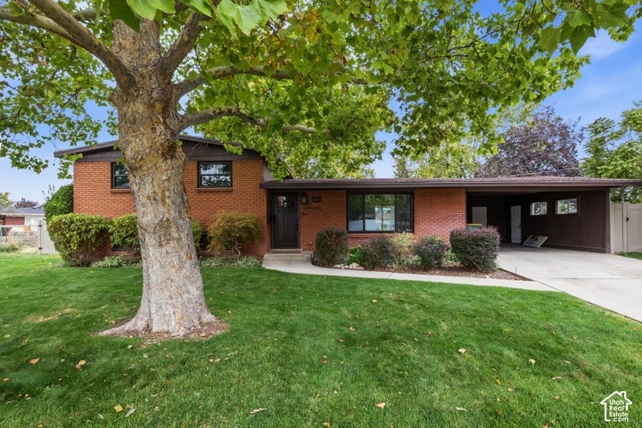 Exterior featuring a red brick facade, attached carport, concrete driveway, and mature landscaping