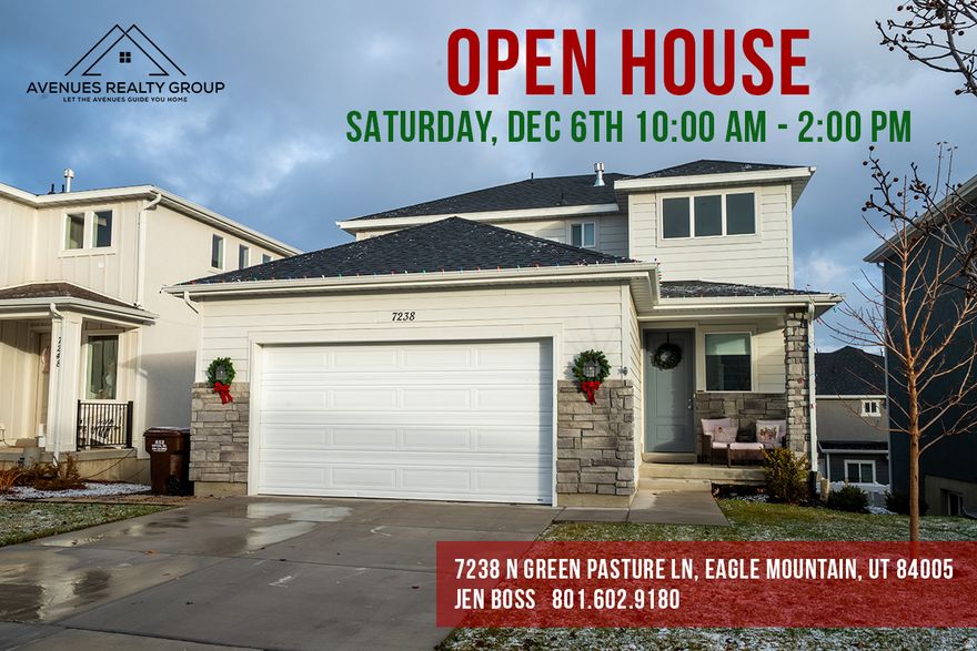 OPEN HOUSE SATURDAY DECEMBER 6TH! Looking for the perfect Christmas gift for yourself, a friend, or a family member searching for a new home? Look no further than this beautiful, IMMACULATELY CLEAN and maintained home in the South Silver Lake community, just on the border of Eagle Mountain and Saratoga Springs. Through the front door you will find a lofty entry ceiling complete with chandelier. This home features 9ft ceilings on every level. Surprisingly SPACIOUS in all the right ways with lots of big windows and natural light throughout, this house makes living easy. There are a total of 4 bedrooms and 3.5 baths. The large primary bedroom features a VAULTED CEILING with fan, accent wall, and sprawling views of Mt. Timpanogos and Utah Lake. The en suite bathroom includes a separate toilet room, DOUBLE VANITY, and spacious walk-in closet. With an unusually spacious furnace room, a cold storage, under-stair storage, and plenty of strategically placed closets (including a very large pantry off the kitchen), there is AMPLE STORAGE space throughout the entire home. The 100% finished basement offers more natural light (NO WINDOW WELLS) and extra space to spread out or rent as an Accessory Dwelling Unit (ADU). That's right, the basement is primed for EXTRA INCOME and easy accessibility with the kitchen being finished any day. Unique to the area, the home is built on a natural grade, allowing for one of its standout features: a FULL DAYLIGHT, walkout basement. From the bright and open basement, you walk out into the large and PRIVATE backyard. The neighboring homes to the East are set back with extra green space in between the properties, giving the feeling of additional acreage. The yard offers a wide, OPEN feel with no sense of crowding from nearby homes. We invite you to set up a showing and see if this could be where your next chapter begins. Even the street name-Green Pasture Lane-has a way of making you feel right at home.
