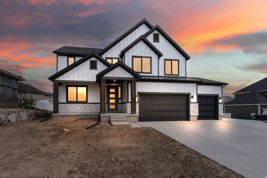 Beautiful brand-new 5-bedroom, Cypress Plan nestled in a new subdivision at the border of Lehi and Saratoga Springs. Just minutes to El Nautica Boat Club, Talons Cove Golf Course, and Saratoga Hot Springs.  With a walk-out basement, 3-car garage,  covered deck, and patio, this home is hard to beat. The basement is sub-roughed for a future 2- bedroom ADU.  The oversized primary bedroom boasts a vaulted ceiling, while the vaulted open-concept great room with modern metal railing is perfect for hosting gatherings. The kitchen includes upgraded cabinets and quartz countertops, easy to clean- full quartz backsplash, double oven, and 5-burner gas cooktop.  The spacious primary bath features a corner tub, oversized shower, and full euro glass shower enclosure. Enhanced by stylish black windows, a modern exterior, and an upgraded front door, this home is a must see and  has too many more extras to name. Ask agent about current incentives. More plans and lots are available. Sq feet is per builder specs.  Home is currently at foundation stage.