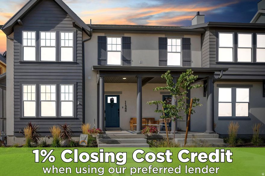 Step inside this beautifully designed duet home, where modern style meets comfort in a highly desirable South Jordan location. The main level showcases an open concept floor plan with sleek laminate flooring and large windows that fill the home with natural light. A chef-inspired kitchen takes center stage, featuring rich cabinetry, a spacious island for gathering, stylish lighting, and built-in appliances. The main-level primary suite offers a serene retreat with a private ensuite bathroom highlighted by custom tilework and a spacious walk-in closet. A convenient half bathroom, smart garage entry with storage, and welcoming covered porch complete the thoughtful main floor design.  Upstairs, you'll find two additional bedrooms, a full bathroom, and a dedicated laundry room for added convenience. The fully finished lower level expands your living space with a spacious family room, a private bedroom, and another full bathroom, perfect for guests or flexible use. Enjoy outdoor living with mountain views, nearby Lookout Park, and the serene trails around Oquirrh Lake just minutes away. With a two-car garage, ample storage, and a prime location close to shopping, dining, and community amenities, this home offers both lifestyle and convenience in one beautiful package. Ask us how you can receive a 1% credit toward your closing costs when purchasing with our preferred lender!