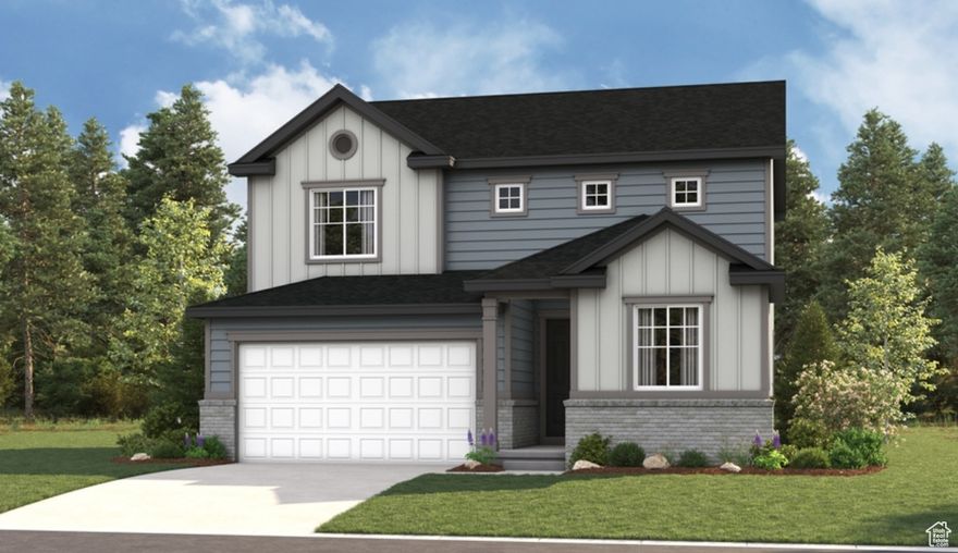 Ask about our incredible rates or our flex funds with the use of our preferred Lender. Restrictions apply. Contact me for details. Welcome to the home of your dreams! This Beautiful Citrine model was build with affordable luxury in mind! This stunning 4-bedroom, 2.75-bath home is perfectly situated to take in breathtaking mountain views while being close to schools and shopping,  as well as parks and jogging trails-perfect for outdoor enthusiasts. Step inside to an open-concept living space featuring 9 foot ceilings on the main floor as well as a stunning kitchen designed for entertaining. The large kitchen island provides ample seating and prep space, complemented by stainless steel appliances and designer finishes. The spacious primary suite is a true retreat, offering stunning views and an ensuite bath with over sized shower. With a three-car garage, there's plenty of room for your vehicles, toys and ample storage. Whether you're relaxing at home or exploring the great outdoors, this home offers the perfect balance of comfort and adventure. Don't miss this incredible opportunity-schedule your private tour today! Pictures are renderings only. Move in ready by mid October.