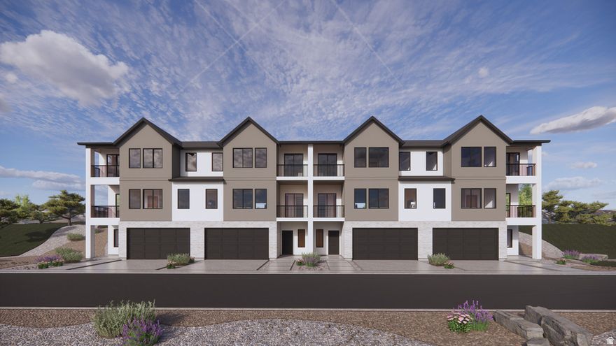 Now selling in the Inverness community in Lehi. The Overton (Mid Unit) is a 3-story townhome with 3 bedrooms, 2.5 bathrooms, and a 2-car garage. The first floor includes an unfinished flex space with a future bedroom and bathroom layout. The second floor features an open kitchen with an island, a walk-in pantry, a dining area, a family room, a powder bath, a covered patio, and an additional deck. The third floor includes all bedrooms, a walk-in closet in the owner's suite, two full bathrooms, a laundry room, and a flex room with a private deck. Total square footage is approximately 2,405 with 2,090 finished. Located near main Lehi corridors with community access to the clubhouse and common areas.