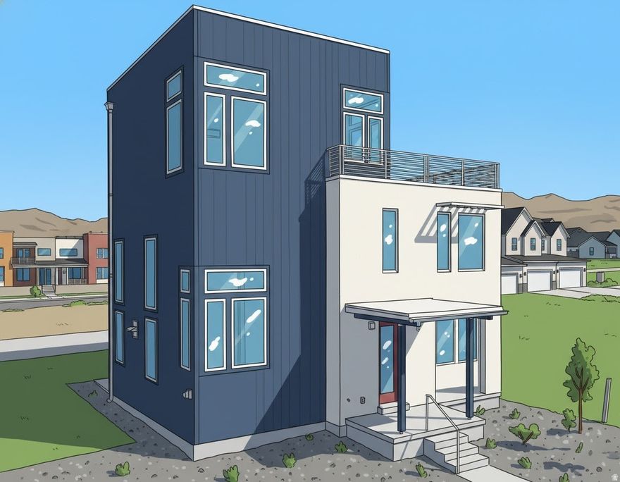 Incredible Brand-New Innovator Sky Plan is under construction!  This show stopper home boasts a Sky Room on the 3rd level with gorgeous views and a hot-tub ready Sky Deck perfect for entertaining. Upgrades throughout such as quartz countertops, gas range, upgraded cabinetry, hard surface flooring, modern railing, gas fireplace and more. The open floor plan features a generous great room that flows seamlessly into the dining area and kitchen, and a main level office. Fenced backyard and room to grow in the basement! Located in the desirable Watermark Village in Daybreak with easy access to the watercourse! Estimated Summer 2026 completion *Interior finished photos are of a previously built home of the same floor plan for example purposes. Upgrades and finishes will vary*