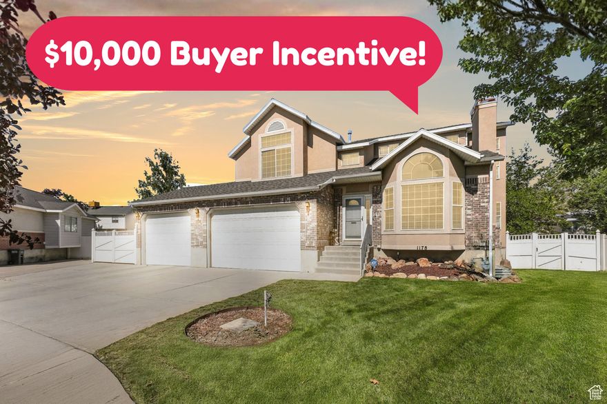 ** $10,000 Buyer Incentive Towards Closing Costs, Rate Buy-Down and/or Property Enhancements (contact agent for details) ** Wonderfully Charming Home with HUGE 4-Car Tandem Garage, Large Primary Suite, and Fenced Backyard with NO HOA! As one of the largest homes in the area, this diamond in the rough is nestled on a cul-de-sac in a quiet neighborhood. Soaring vaulted ceilings and inescapable natural light surround, and the spacious living room beckons easy conversations by the warmth of the fireplace. Explore further to discover an open concept kitchen, center island, breakfast nook with nearby half bathroom for guests. Joyfully host both casual and formal affairs in the adjoining family room or formal dining room. The enormous primary bedroom dazzles with high ceilings, newer carpet (2023), his-and-hers closets, and an attached en suite with separate shower and tub. Two additional bedrooms and one full bathrooms provide comfortable accommodations for family or guests, while flex space needs are satisfied in the unfinished basement which could be at least 2 more bedrooms and one full bathroom. Relish in the possibilities of the fully fenced-in backyard with RV Parking (and/or future garage/shed). Featuring a sprawling paved patio, covered patio, ample greenspace with water feature, and built-in firepit, there are plenty of areas for entertaining. Other features include: 2nd floor laundry room, NEWER carpet throughout (2023), NEWER bathroom floors (2023), alarm system, video doorbell, video cameras, projector screen, owned water softener, NO HOA, near tennis courts, soccer field, schools, and shopping, and more! Only 7 minutes from the airport, and 10 minutes to downtown SLC! Schedule your private tour today!