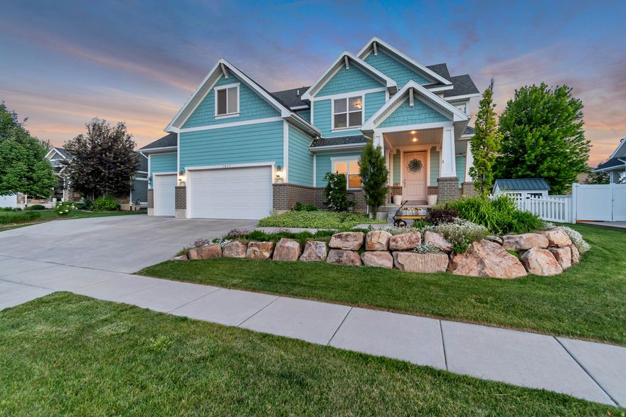 Custom-built home in one of Farmington's most desirable neighborhoods.  Craftsman style home featuring a large covered front porch and beautiful landscaping.  Amazing floor plan with a main-floor den, a huge kitchen featuring upgraded appliances, quality craftsmanship, high end countertops, and beautiful cabinetry.  The large pantry has built in shelving and tons of storage.  Open concept main level family room and kitchen flow together with plenty of space for family gatherings.  Second level features brand new carpet and one of the best floor plans a family could expect.  4 large bedrooms feature built-in shelving in closets plus a bonus family room/ guest room.  Master bedroom features a giant en-suite Master bath, double sinks, garden tub, large shower, private potty room and massive walk-in closet with custom built-in shelving. Large thought-out laundry room close to the bedrooms, has plenty of counter space and the washer and dryer are included.  Basement is partly finished with completed HVAC and partial electrical.  When you're ready to grow into the home, the large space is ready to be finished with 2 bedrooms, a bathroom and a family room.  The space could accommodate a mother-in-law apartment with private entrance and dedicated parking spot.  Fully landscaped yard featuring mature cottage style perennial flower beds across the entire front and side yard. Mature flower beds and trees around the home and a raised bed vegetable garden. Automatic Sprinkler system that covers lawn, flower beds and vegetable garden.  Large covered cement patio perfect for dining, lounging and entertaining. Large open flat backyard, fully fenced with adorable white picket fence and private back fence.  Amazing spacious 4 car garage.  Plenty of room for parking your cars and toys. You will love the ample storage! Well-kept, quiet, beautiful neighborhood in a great school district and located close to shopping, entertainment, and abundant outdoor activities. With-in walking distance of a beautiful new city park and the Rio Grand walking and biking trail. A short 5 minute drive to Station Park, Western Sports Park, Lagoon amusement park and walking trail, Farmington Bay Bird Refuge and Farmington recreation center.