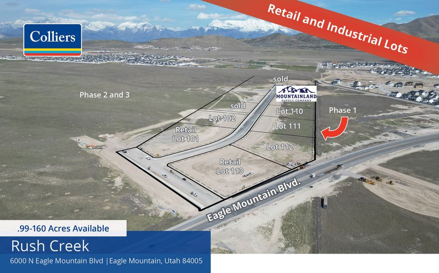 Come build and/or invest in Eagle Mountain City, one of Utah's fastest growing cities.  Lot 102 is one of 15 lots in the first phase of the Rush Creek Industrial and Retail Lots.  Lot 102 is 1.91 acres and can be combined with additional lots in you are needing additional space.  Utilities to site. This property is zoned which allows for multiple light industrial and commercial uses.
