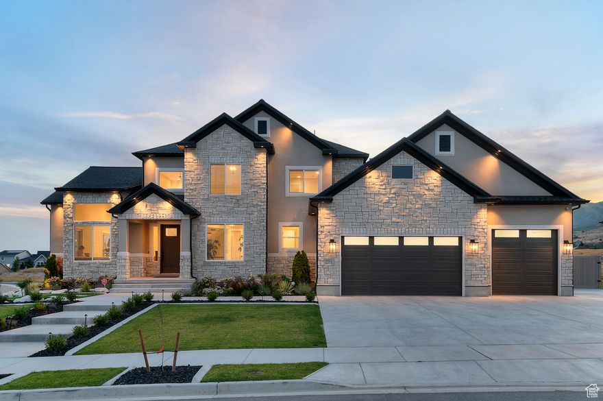 Price Reduction! Welcome to this stunning custom-built home in the highly desirable Highland area, offering breathtaking Mountain View's and nearly 5,800 square feet of thoughtfully designed living space. Built in 2023, this home features 4 bedrooms, 3.5 bathrooms, and two additional rooms in the basement that could easily be converted into bedrooms with closets.  Step inside to find $160,000 in builder upgrades, including premium flooring, upgraded granite countertops, floor-to-ceiling cabinetry, custom closets, and an extensive lighting package. The open-concept kitchen and living area showcase soaring ceilings, designer finishes, and a cozy fireplace, perfect for gathering with family and friends. A private owners retreat includes a custom-built fireplace and bathroom with upgraded cabinetry.  The fully finished basement offers 10-foot ceilings, a walkout design, a dry bar, a third fireplace, and a large shop-creating the ideal combination of entertainment space and functional workspace. The garage is fully insulated and finished. Smart-home features like app-controlled blinds, a reverse osmosis system, water softener, and hospital-grade filtration add comfort and convenience.  Step outside to your private oasis, with over $260,000 invested in landscaping. The professionally designed retaining wall transforms the sloped lot, allowing you to fully enjoy and use the entire backyard. Additional outdoor highlights include stamped concrete patios, a waterfall feature on a timer with a Koi pond, drip-line planters, and a gazebo. Exterior upgrades also include stone veneer, enhanced lighting, and a beautiful exterior entrance that adds to the home's curb appeal.  With its ideal Highland location, luxury finishes, and unmatched outdoor living space, this home is truly one of a kind.