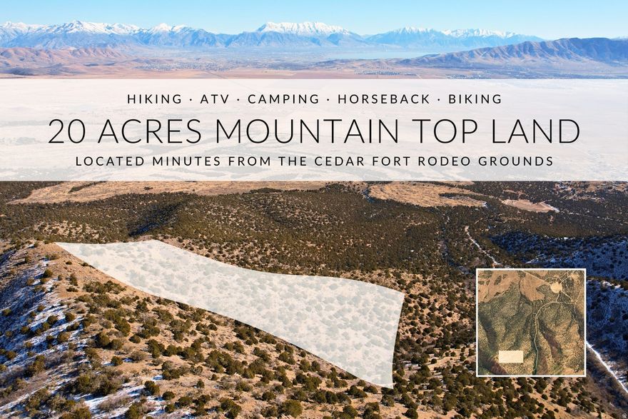 If peace, privacy, and sweeping views from a mountain speak to you, this remarkable 20 acre parcel offers a rare opportunity to own accessible land. Plus this is an EXCEPTIONAL investment holding, the land benefits from $1 annual property tax because it is zoned agricultural and currently used for grazing, you are only gaining value as time passes! Located west of the Cedar Fort Rodeo Grounds, this mountain property sits high above the Cedar Fort and Saratoga Springs valley, showcasing breathtaking panoramic vistas, open skies, and the kind of quiet only found far from the crowds.  The setting provides seclusion, dramatic scenery, and a true sense of wide-open space while remaining within proximity to nearby communities.  Access is via an unmaintained dirt road and requires a capable vehicle. A 4x4, side-by-side, or horseback access is recommended, as one section of the road is particularly steep.  Whether you're seeking a long-term investment, recreational land, or a peaceful mountain retreat, this parcel delivers privacy, scenery, and opportunity.  Please contact the listing agent for additional information and a detailed map of the access road.