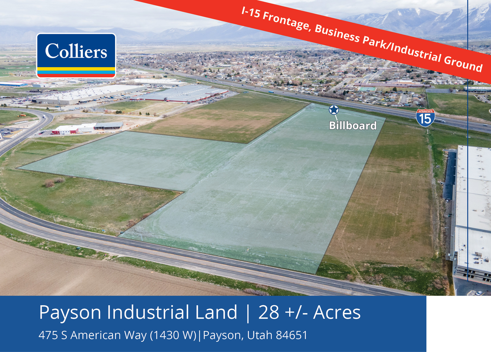 Rare opportunity for industrial land with I-15 frontage in Utah County.  This property is strategically located in a rapid growing area and is a great investment or development opportunity.  Zoned Business Park Development.  Perfect for flex space, industrial, manufacturing, and distribution.  Utilities are in the street.  Billboard lease comes with property.  Potential site for inter modal hub.   Actual acreage to be determined by survey.