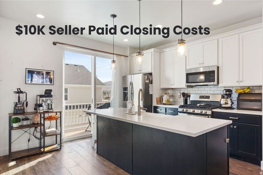 SELLER IS OFFERING $10k toward CLOSING COSTS or RATE BUY DOWN when you use our preferred lender. Enjoy multi-level living with the added benefit of a two-car garage. This prime location offers easy freeway access between Utah and Salt Lake County. Tall ceilings and well-placed windows bring in consistent daylight without sacrificing wall space for art and furniture. Durable, low-maintenance flooring ties public spaces together for a cohesive look that withstands heavy traffic. Deep, under mount kitchen sink with quartz countertops. Both upstairs bedrooms are en suite. Finish the bathroom on the main and have a rentable room and bath.
