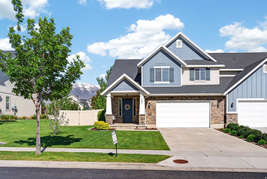 Great Area!  Great Home!  Well cared for 3-bedroom, 2.5-bathroom home with open floor plan and design.  One of just a few homes in the area with a fully fenced and landscaped backyard that's great for relaxing and playing outside. Did someone say let's BBQ?  You will love the beautiful finishes in this home from the spacious kitchen with lots of cabinetry, center island, gas range & stove, overflow pantry and granite countertops.  There's plenty of flex space for your dining table as well as furniture and furnishings for the adjacent great room.  With 9-foot ceilings on this level and lots of windows you get plenty of natural light.  The Owner's suite is BIG and features a large walk-in closet and spacious Owner's bathroom with large walk-in shower, double vanity and private toilet room.  The 2 other bedrooms are appropriately sized to accommodate large bed sizes, additional furnishings.  Each bedroom comes with walk-in closets for your personal attire, and one has board-n-batten finishes. The laundry facilities are conveniently located on the upper floor near the bedrooms and has a large bank of cabinets to store your laundry and cleaning supplies.  The 2-garage is extra wide allowing easy access in and out of your car.   There' and electric charging station for your EV and some extra shelving for storage.  When you enter from the garage into the house you find a mud room and 1/2 bath and we all know how wonderful that arrangement is.  The home also has a smart water sprinkling system so you don't overwater and waste precious resources.   Square footage figures are provided as a courtesy estimate only and were obtained from Utah County Records.  Buyer is advised to obtain an independent measurement.