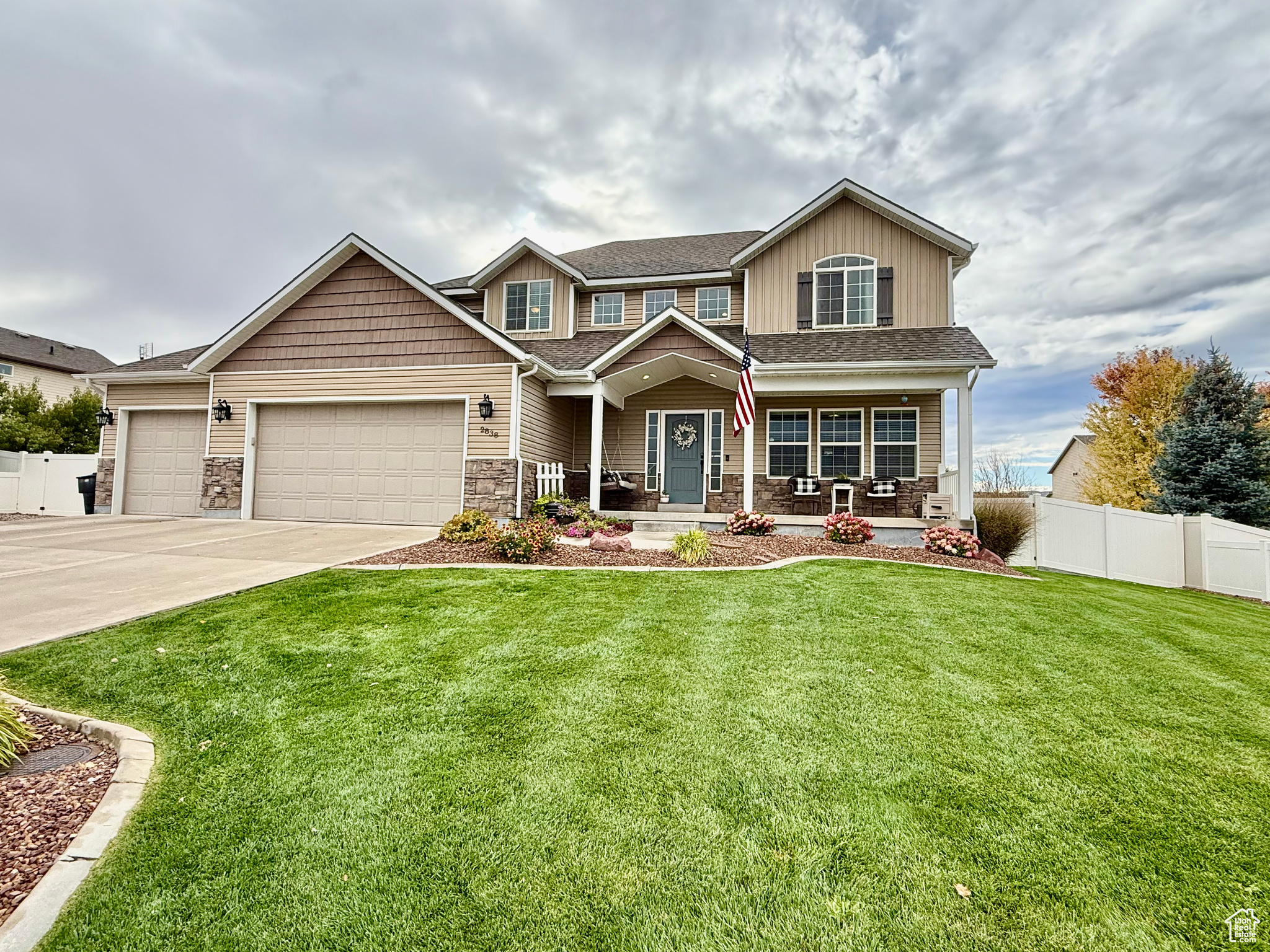 Beautiful 3,077 sq. ft. custom home with 5 bedrooms, 3.5 baths, and an oversized 3-car garage. Features include an open layout, luxury vinyl plank flooring, granite counters, custom cabinets, gas fireplace, and finished basement with private entrance and cold storage. Outside offers a front porch, fenced yard with RV parking, 16x20 shed, patio, garden boxes, and mature landscaping with sprinklers. Buyers to verify all info taken from county records.