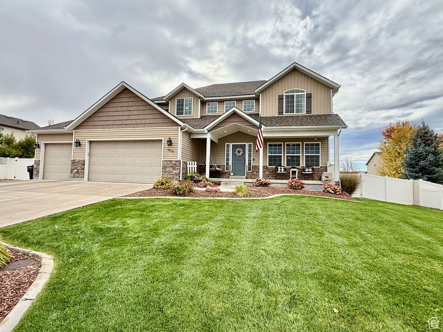Beautiful 3,077 sq. ft. custom home with 5 bedrooms, 3.5 baths, and an oversized 3-car garage. Features include an open layout, luxury vinyl plank flooring, granite counters, custom cabinets, gas fireplace, and finished basement with private entrance and cold storage. Outside offers a front porch, fenced yard with RV parking, 16x20 shed, patio, garden boxes, and mature landscaping with sprinklers. Buyers  to verify all info taken from county records.