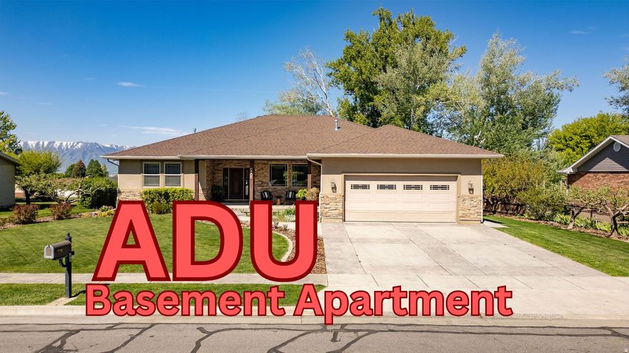 A dream come true!!! Spacious rambler on a quiet cul-de-sac offering 4 bedrooms, 3 bathrooms, and 4,837 sq ft with a hand carved front door and stained glass and potential for additional bedrooms, and multi-generational living. Unique layout features HIS AND HERS KITCHENS! Plus another kitchen in the basement apartment. Yes there is laundry on both levels! Upstairs includes oven, dual sinks, dishwasher, and ample gathering space. Primary suite walks out to the deck and features a built-in headboard/dresser and laundry in the closet. Enjoy engineered wood flooring, tile kitchen floors, step-in shower, stained glass front door sidelights, and in-floor heating upstairs and downstairs. Basement includes a workout room, workshop, and second laundry area and outback has a built in storage shed. Radon mitigation system already installed. New roof completed March 2026. Mature yard includes cherry, apricot, apple, peach, and Italian plum trees plus secondary water. Buyer to verify all. Don't miss the 3D tour!
