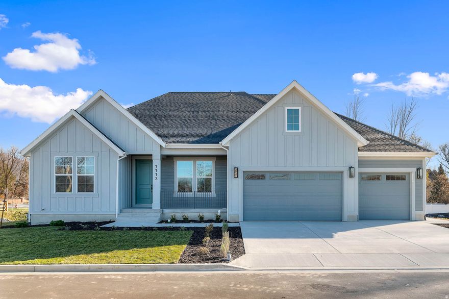 Come see this stunning brand new Creighton Farmhouse home in a great community! Showcased you will find a chef's kitchen with custom cabinetry, quartz countertops, tile backsplash, pendant lighting above the island and stainless steel gas appliances with double ovens. The open-concept design features laminate hardwood, tile, and carpet flooring and a 3-panel sliding glass door and box window in the kitchen nook, filling the home with natural light. Enjoy added convenience with a water softener system, USB outlets in the owner's bedroom, and a gas line to the dryer. The expanded 3-car garage and 9-foot basement foundation walls provide ample space and versatility. The great room boasts a gas log fireplace and wainscoting accents, while French doors open to a stylish living room or office. Designer touches include Christmas light and flood light package, and a ceiling fan in the living room/office. Relax in the owner's bathroom with a Tori soaking tub and tile surrounds, complemented by brushed nickel hardware. With textured walls, two-tone paint, and a seamless blend of elegance and comfort, this home is perfect for both entertaining and everyday living.