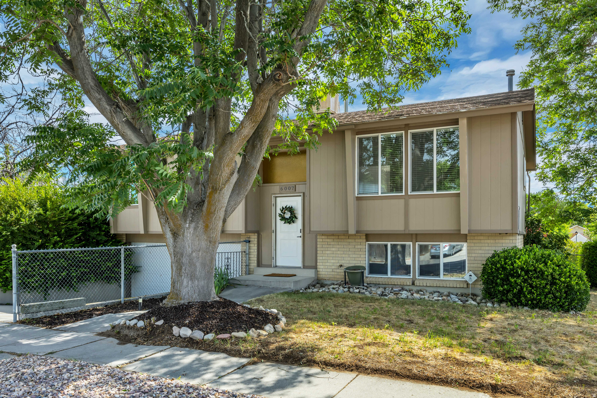 Split-level exterior featuring a mature shade tree, chain-link fencing, and a white front entry door