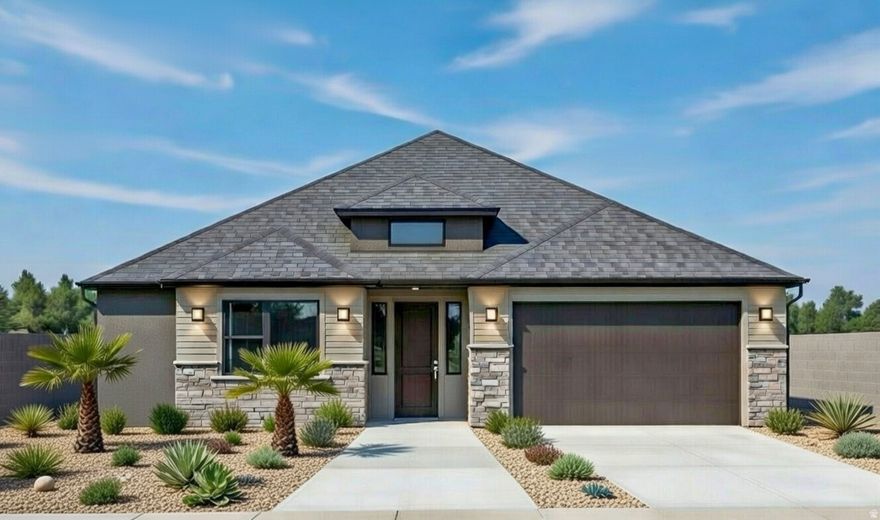 To-be-built home currently under construction featuring the Elizabeth floor plan with a Modern Prairie elevation. This single-level home offers 1,940 sq ft with 3 bedrooms, 2.5 bathrooms, and a 2-car garage. The primary suite includes dual vanities, walk-in shower, separate toilet room, and linen closet. The gourmet kitchen features a 5-burner cooktop with vented hood, wall oven and microwave, stainless steel LG appliances, shaker-style cabinets, quartz countertops, a single-bowl stainless sink, and white brick-set backsplash. Black Moen fixtures and black hardware throughout. LVP flooring in main living areas, carpet in bedrooms and closets, and tile in the laundry. Xeriscaped front yard. Side yard offers space for potential RV parking.  **Estimated completion is June 5th**