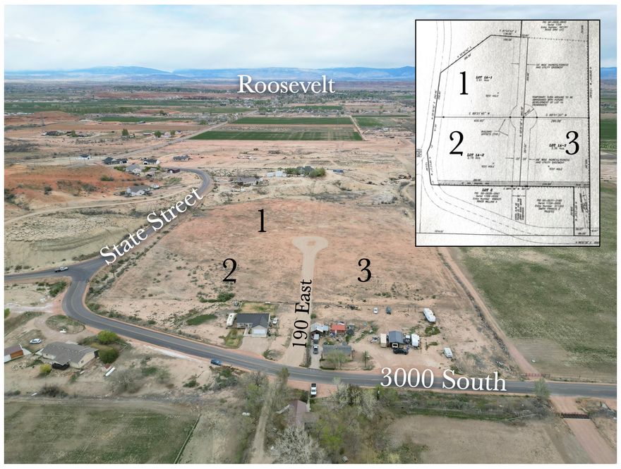 Spacious 2.36-acre building lot located just south of Roosevelt-offering the perfect balance of country living with convenient access to town. This property is ready for your dream home, with plenty of space for animals, recreational vehicles, trailers, and more. Power and water are available, with utilities for Lot 1A-3 located along the south east easement of the property (3000 South Street) or the roadway easement of cult-de-sac. Sewer will require a septic system. Buyer to verify all information.